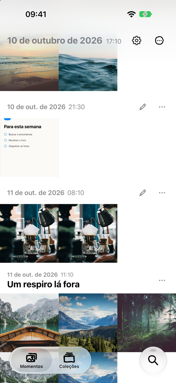 Timeline do Moments: fotos encostadas, agrupadas por momento, com data e hora no alto